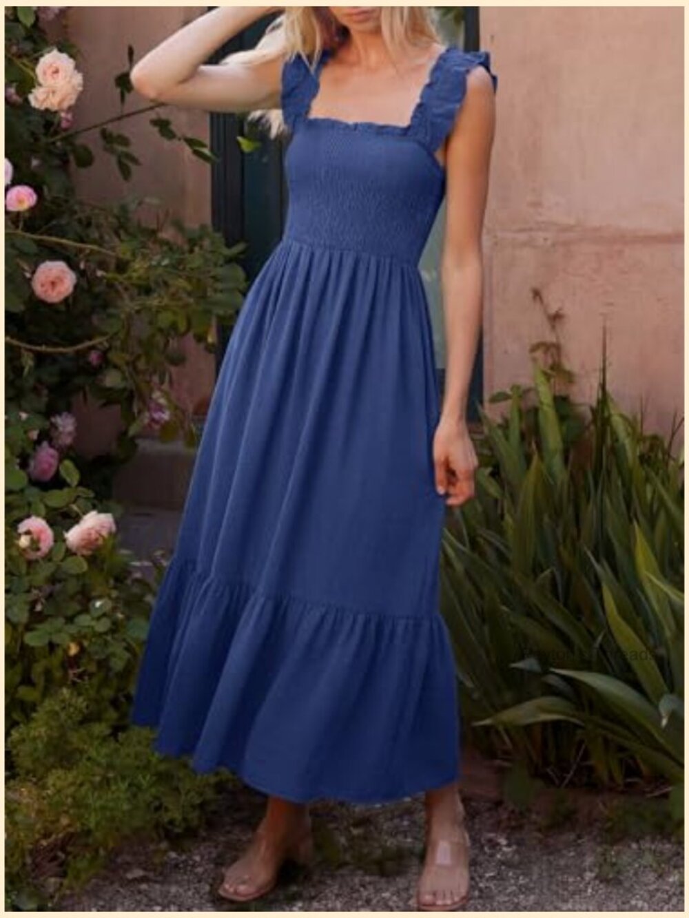 Womens Summer Casual Maxi Dress Ruffle Spaghetti Strap Smocked Long Dress - Picture 3 of 7